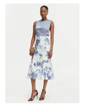 Fusta midi  cu imprimeu floral, Bej/Roz/Albastru