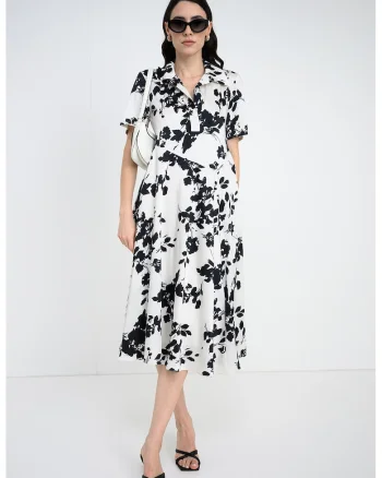 Rochie midi cu model floral, Negru/Alb murdar