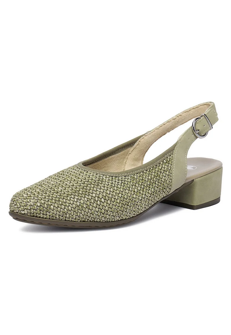 Pantofi dama  verde, material textil si piele ecologica, varf ascutit, toc bloc