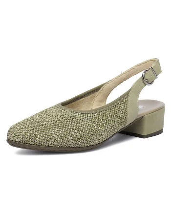 Pantofi dama  verde, material textil si piele ecologica, varf ascutit, toc bloc