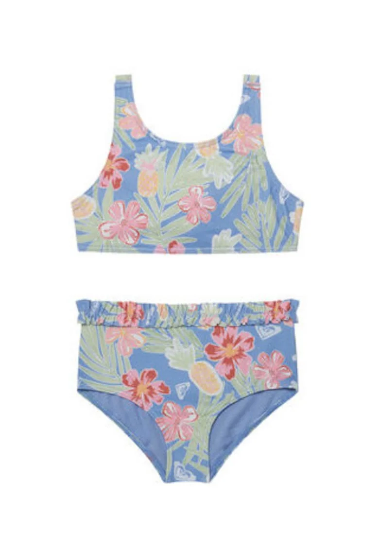 Costum de baie fete,  colorat, floral, albastru, elastan,