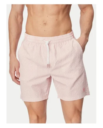 Pantaloni scurti de baie barbati,  dungi, alb/roz, poliester