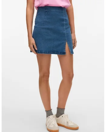 Fusta mini din denim cu talie inalta, Albastru melange