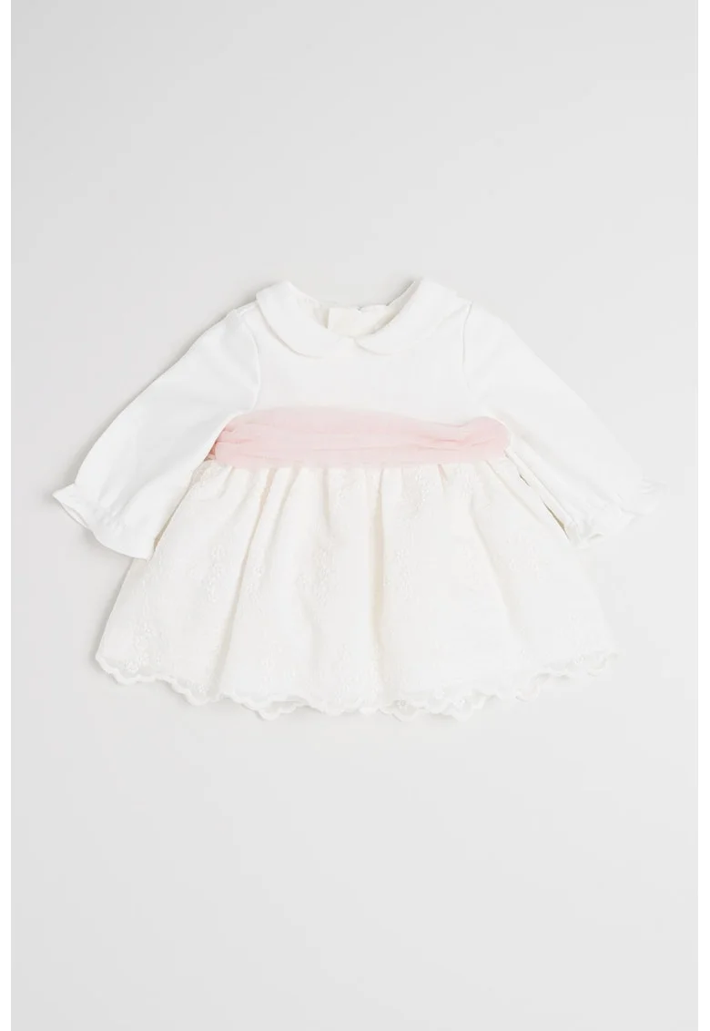 Rochie evazata cu detaliu contrastant in talie, Alb/Roz pastel