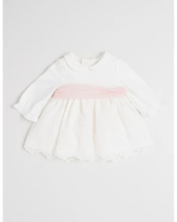 Rochie evazata cu detaliu contrastant in talie, Alb/Roz pastel