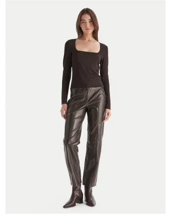 Pantaloni dama,  imitatie de piele, maro, Maro