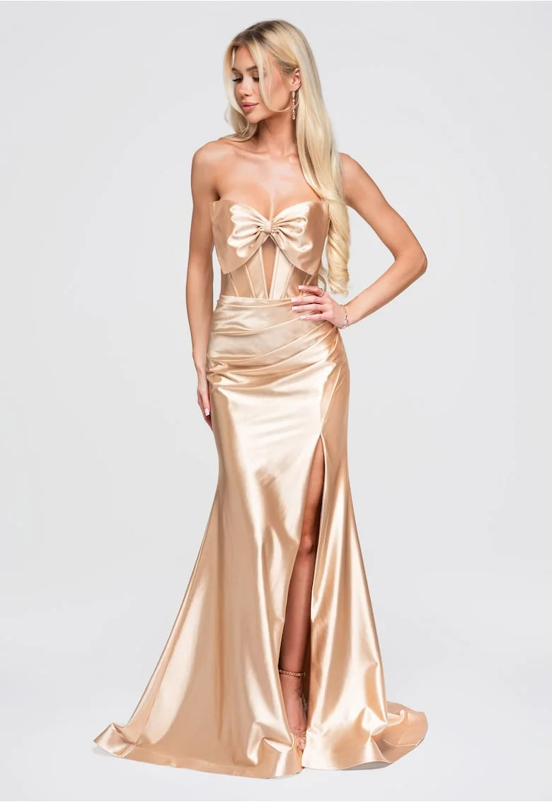 Rochie maxi eleganta satin LA-OM-DLR393, Auriu