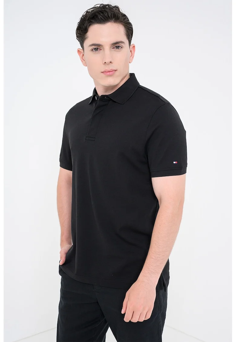 Tricou polo regular fit cu fenta ascunsa cu nasturi, Negru