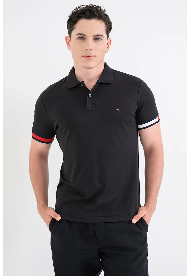 Tricou polo slim fit cu mansete contrastante, Alb/Rosu inchis/Negru carbon