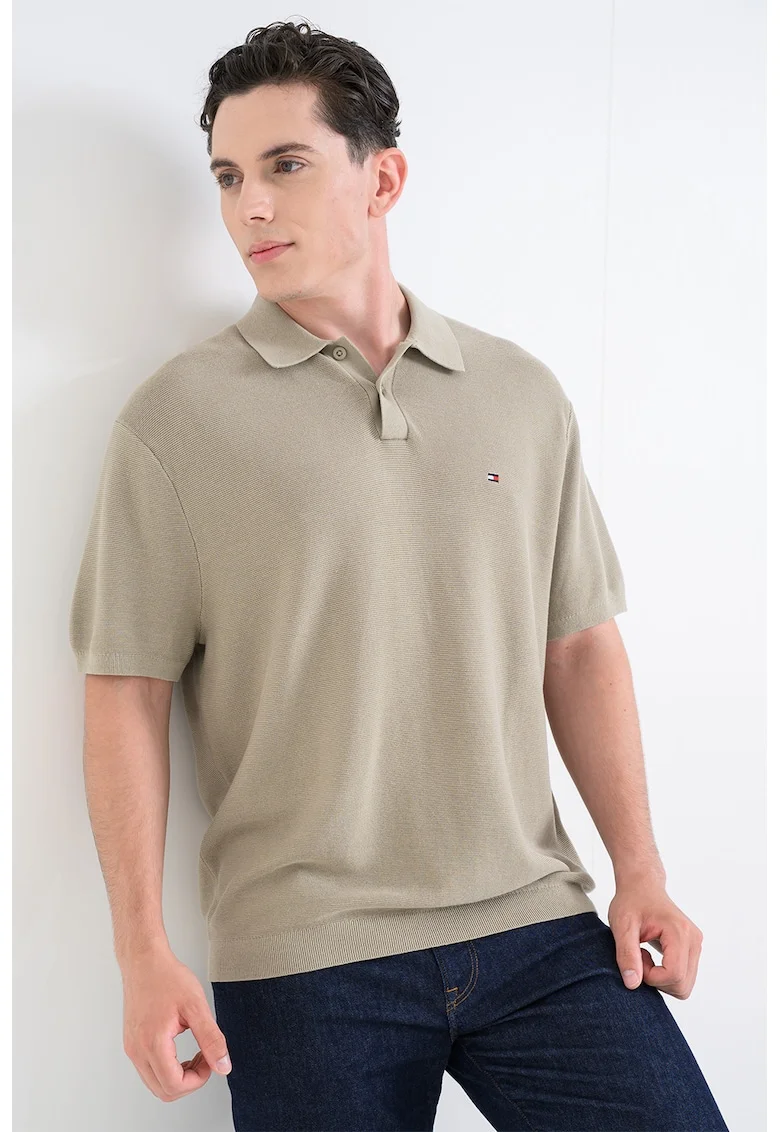 Tricou polo din bumbac organic cu detaliu cu logo discret, Masliniu deschis