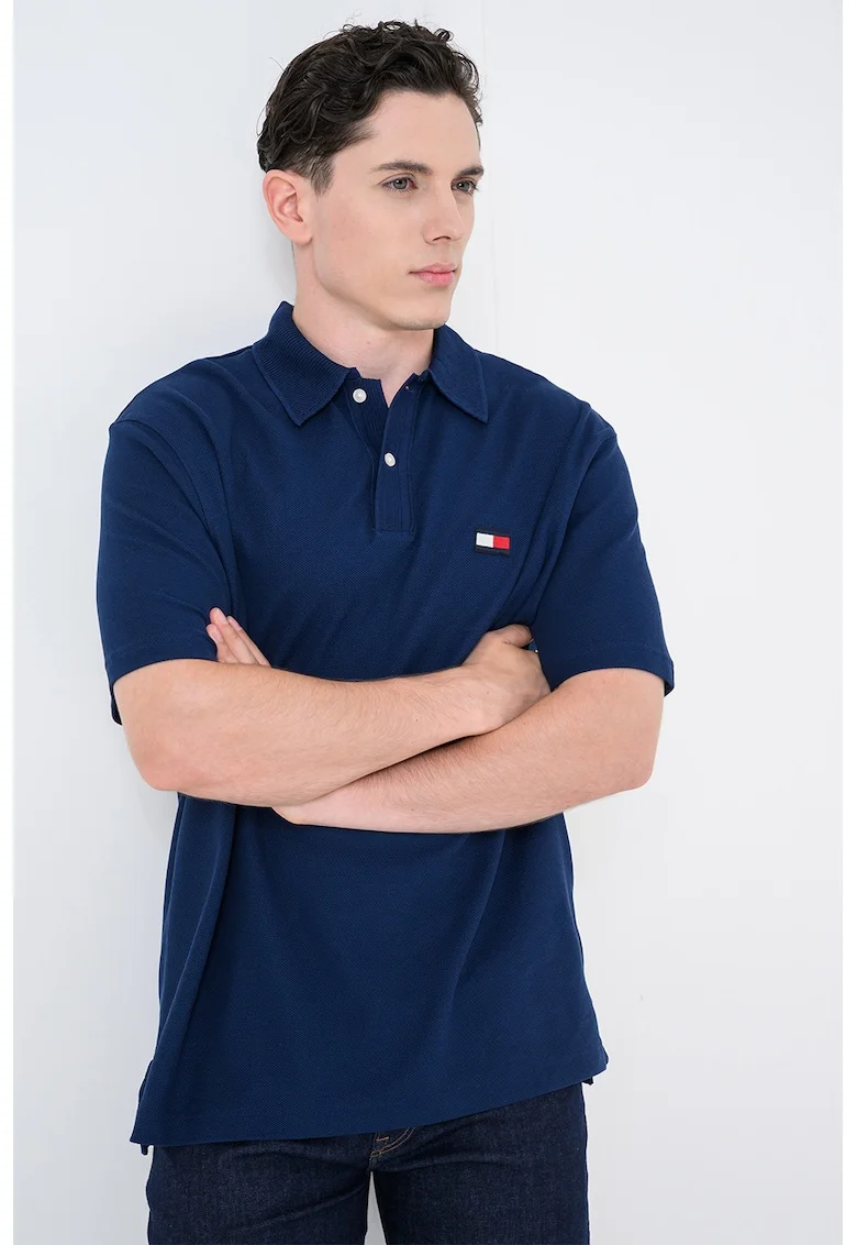 Tricou polo cu guler cu aspect striat, Albastru ultramarin