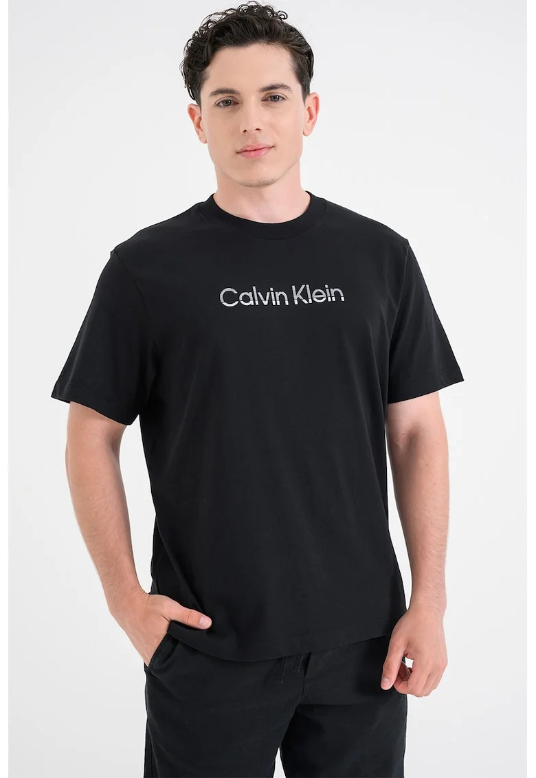 Tricou cu decolteu la baza gatului si imprimeu logo, Negru/Alb murdar