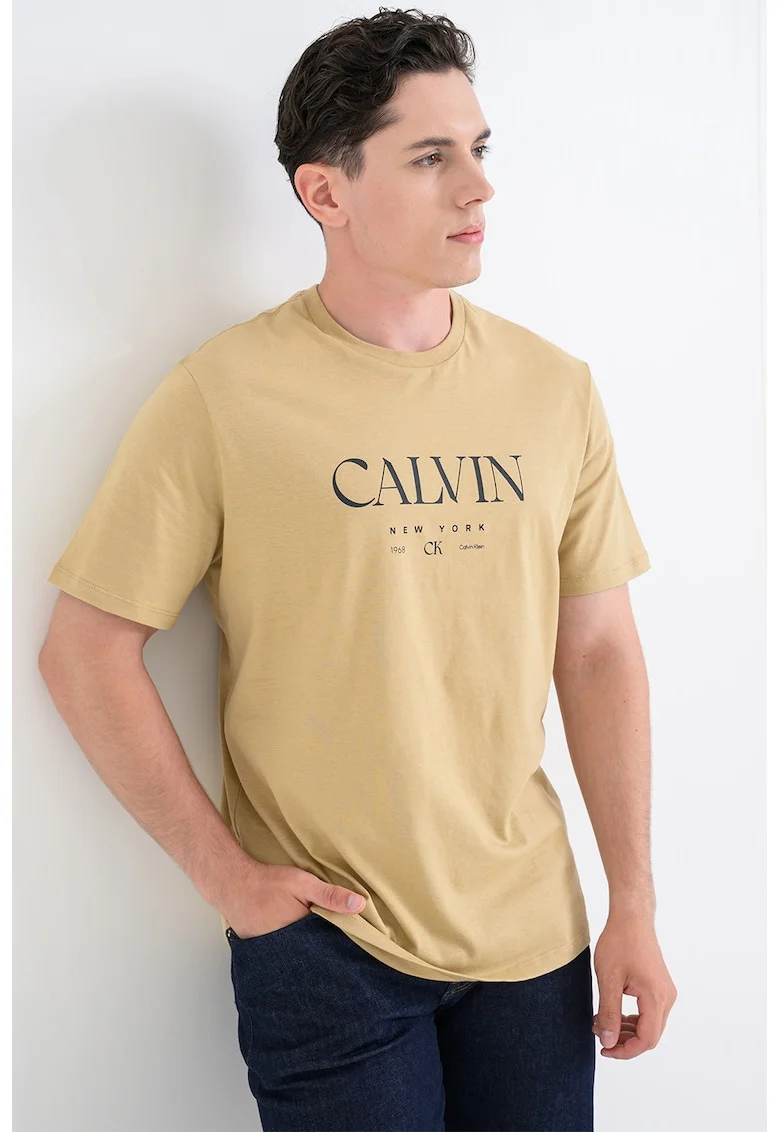 Tricou de bumbac cu logo, Ocru