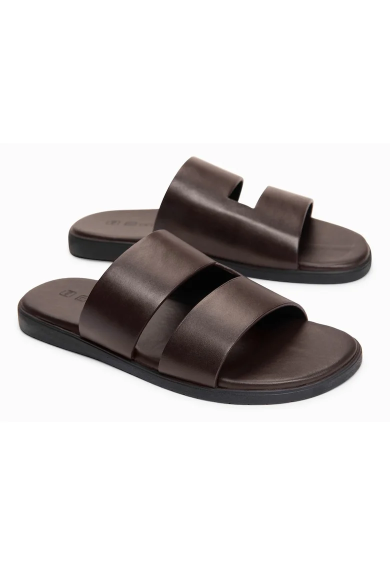 Slapi barbati din piele cu doua benzi late, confortabili si eleganti OM-FOSF-0248, Maro