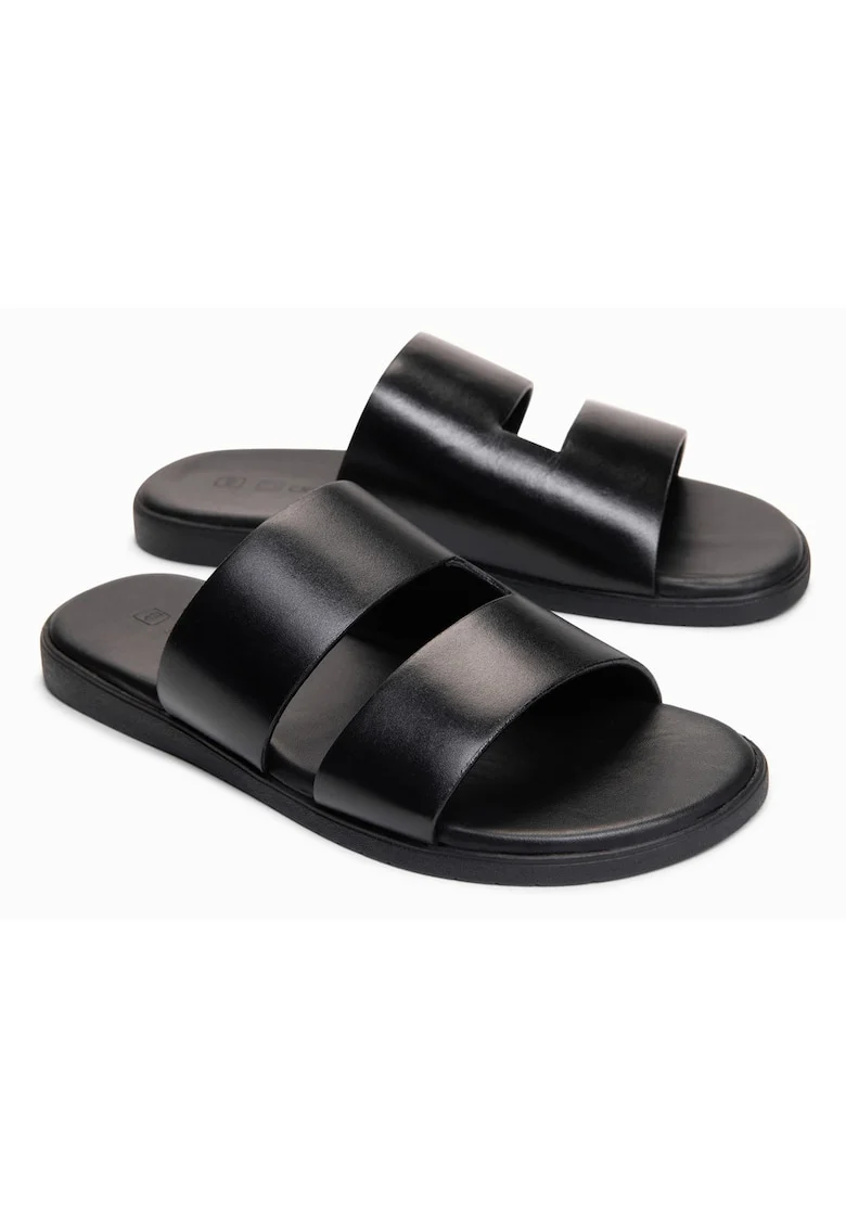 Slapi barbati din piele cu doua benzi late, confortabili si eleganti OM-FOSF-0248, Negru