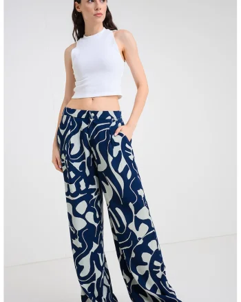 Pantaloni din lyocell cu croiala ampla si model abstract, Albastru indigo/Albastru glaciar
