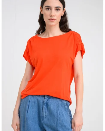 Tricou din amestec de in cu decolteu barcuta, Rosu