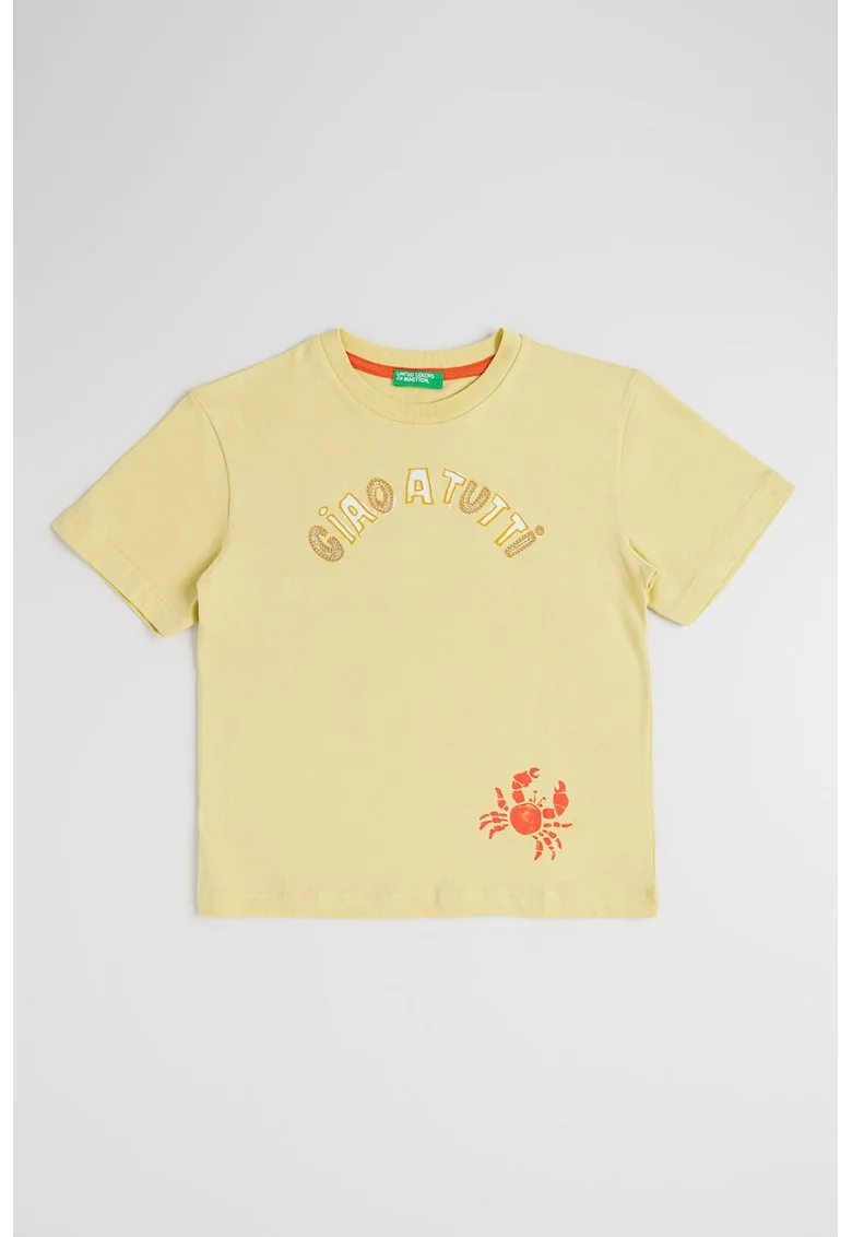 Tricou cu detalii brodate si imprimeu, Galben deschis