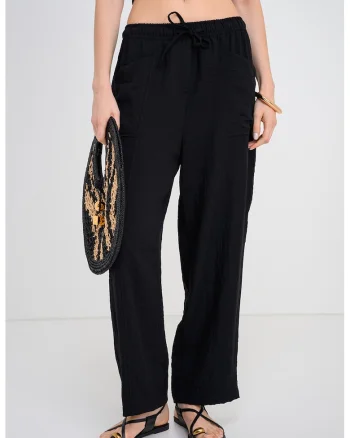 Pantaloni relaxed fit cu snur de ajustare in talie, Negru