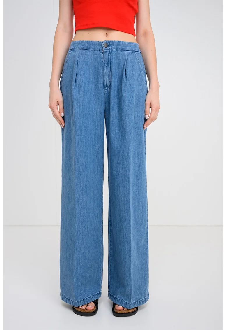 Pantaloni cu croiala ampla din material chambray cu buzunare oblice, Albastru deschis
