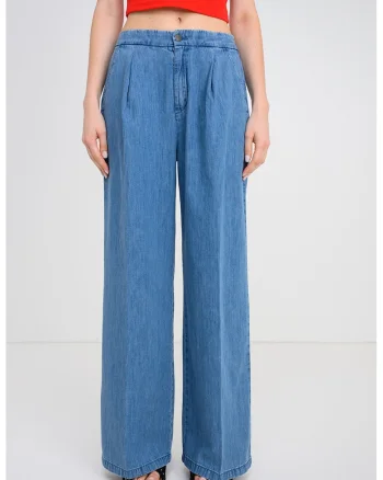 Pantaloni cu croiala ampla din material chambray cu buzunare oblice, Albastru deschis