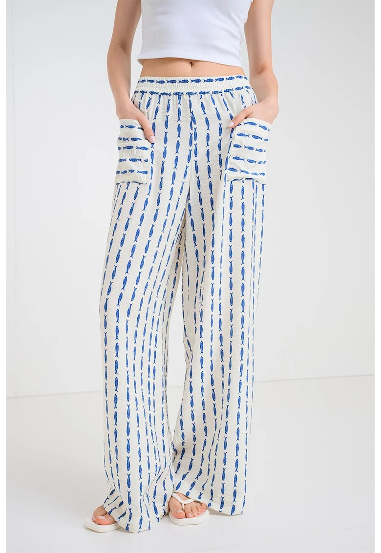 Pantaloni cu croiala ampla si talie elastica, Alb murdar/Albastru