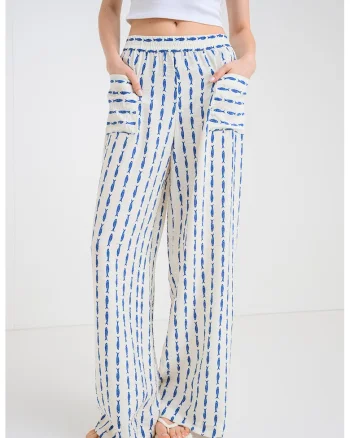 Pantaloni cu croiala ampla si talie elastica, Alb murdar/Albastru