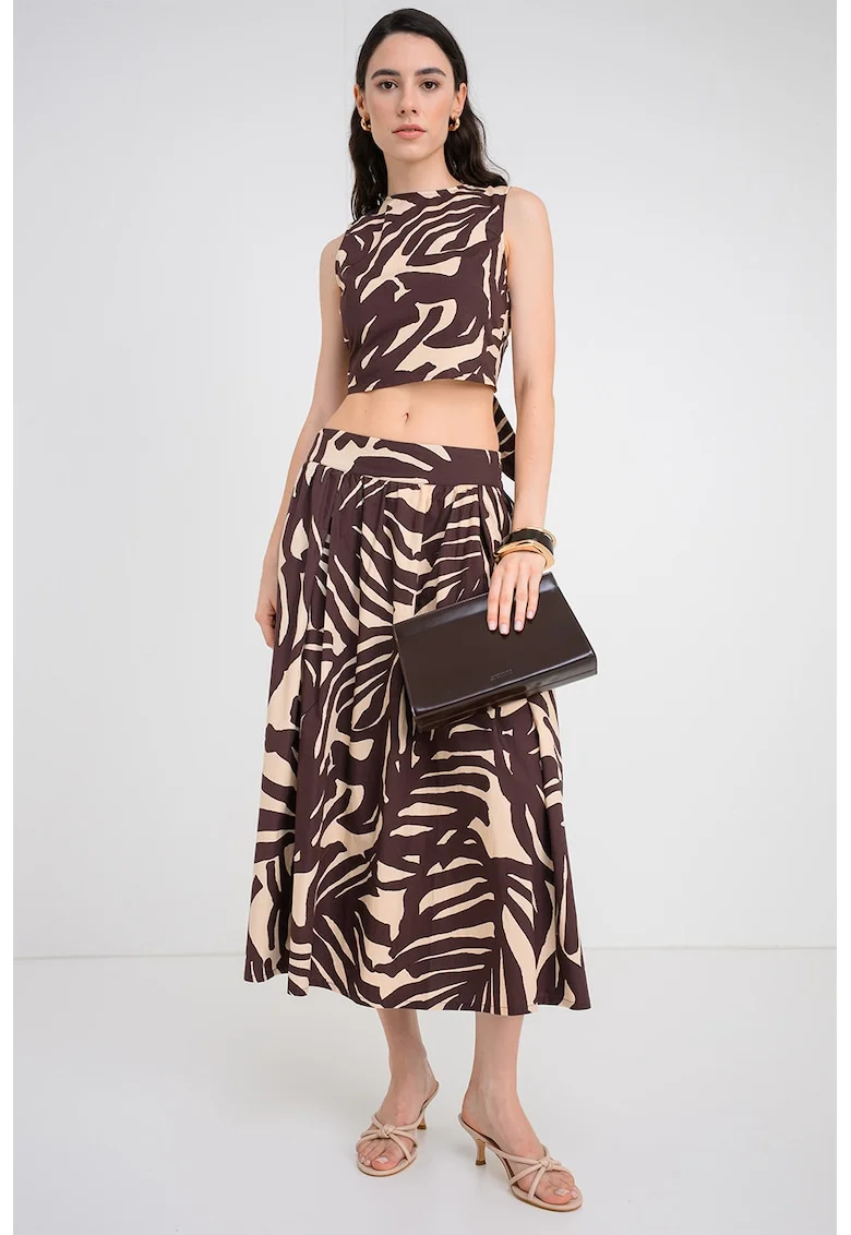 Bluza crop cu imprimeu grafic, Maro/Crem