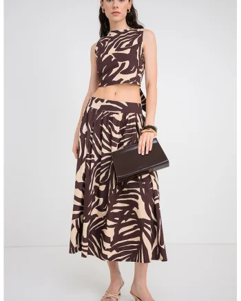 Bluza crop cu imprimeu grafic, Maro/Crem