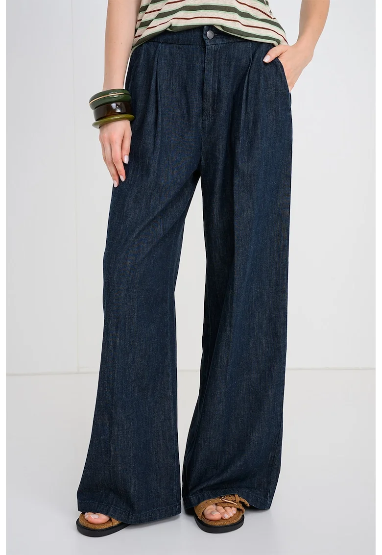 Pantaloni cu croiala ampla din material chambray cu buzunare oblice, Albastru inchis melange