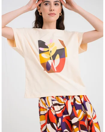 Tricou lejer cu imprimeu, Crem