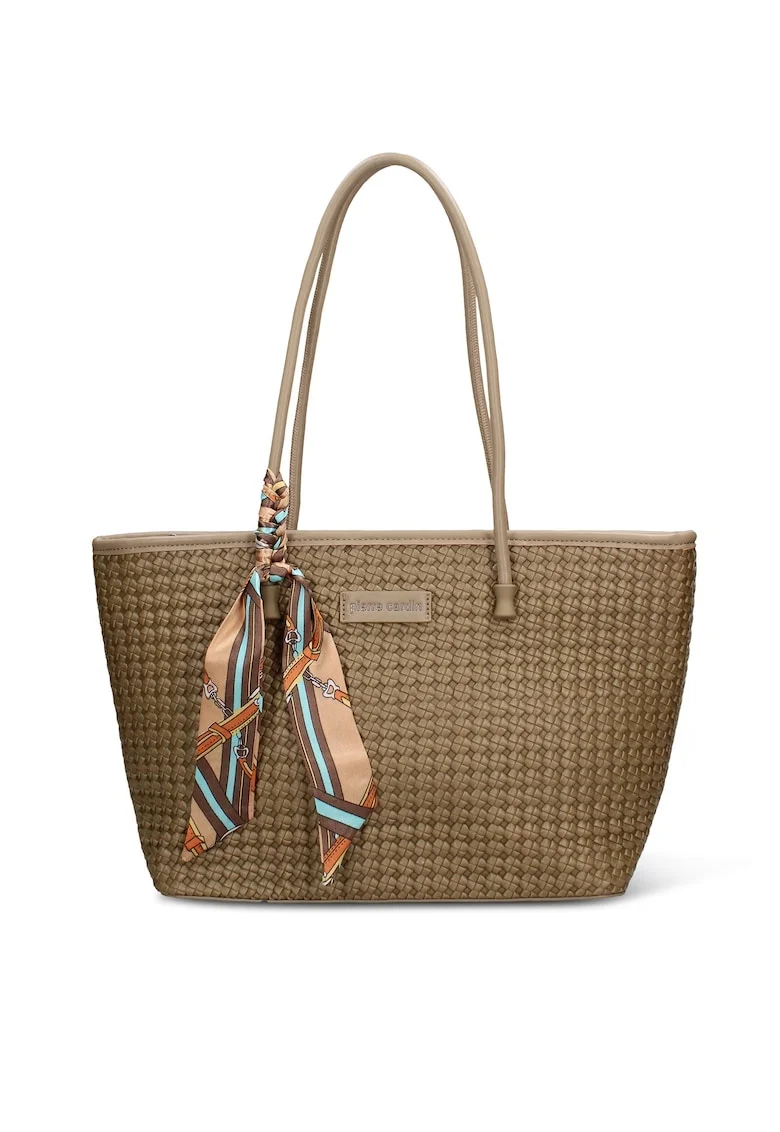 Geanta shopper de piele ecologica cu accesoriu esarfa Emberly Pro, Verde masliniu