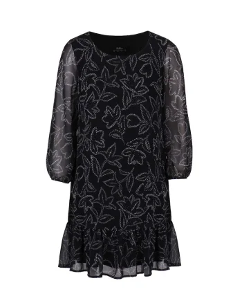 Rochie cu imprimeu floral si cu maneci semi-transparente, Negru