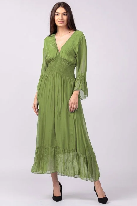 Rochie verde oliv din matase si vascoza cu banda elastica in talie si volane