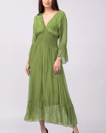 Rochie verde oliv din matase si vascoza cu banda elastica in talie si volane