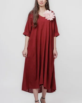 Rochie lunga A-line oversize, din in, bordo