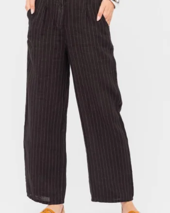 Pantaloni cu fermoar, de vara, din in, cu dungute fine, negri