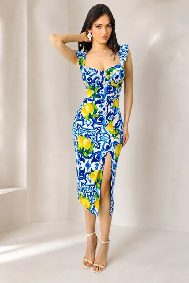 Rochie bodycon Ditsy LIME, sliț adanc si imprimeu cu lămâi, Blue, Marime S/M