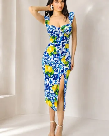 Rochie bodycon Ditsy LIME, sliț adanc si imprimeu cu lămâi, Blue, Marime S/M