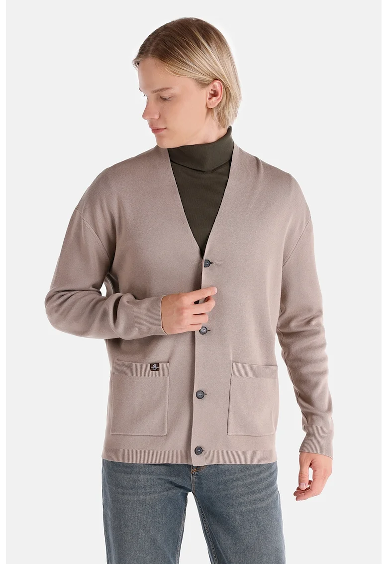 Cardigan cu decolteu in V si buzunare aplicate, Maro taupe deschis