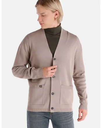 Cardigan cu decolteu in V si buzunare aplicate, Maro taupe deschis