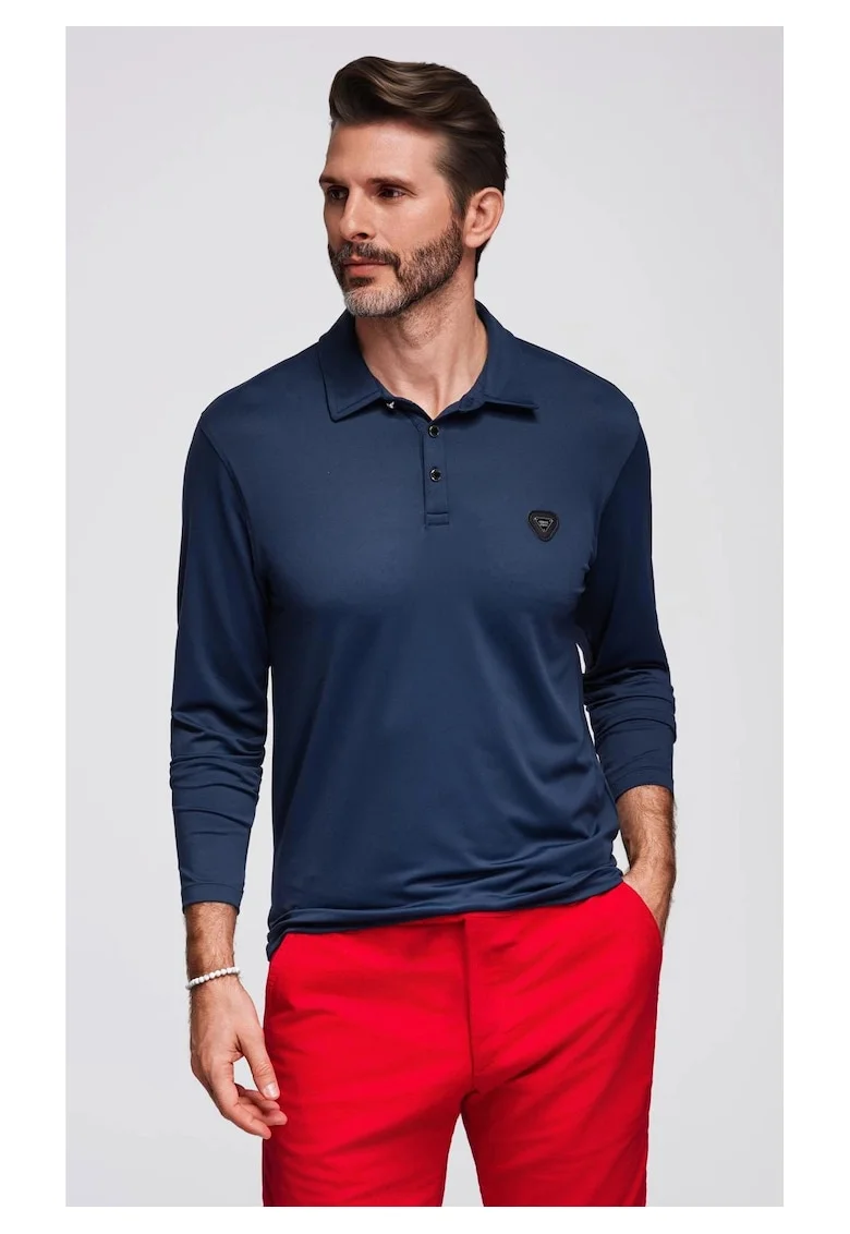 Tricou polo cu maneci lungi cu nasturi eleganti cu logo-ul marcii  OM-POLS-0139, Albastru inchis