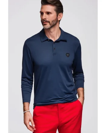 Tricou polo cu maneci lungi cu nasturi eleganti cu logo-ul marcii  OM-POLS-0139, Albastru inchis