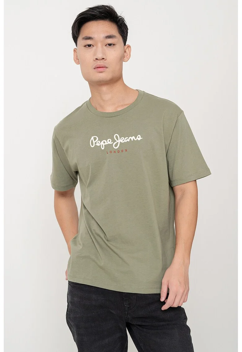 Tricou cu decolteu la baza gatului si logo, Verde sparanghel