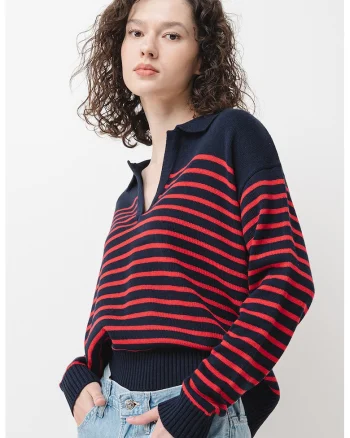 Pulover tricotat cu dungi, Rosu/Bleumarin