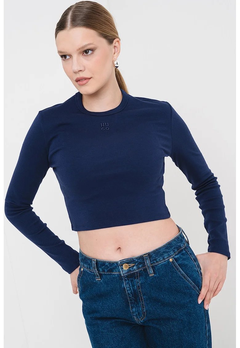 Bluza crop slim fit cu logo Dafilomena, Albastru inchis