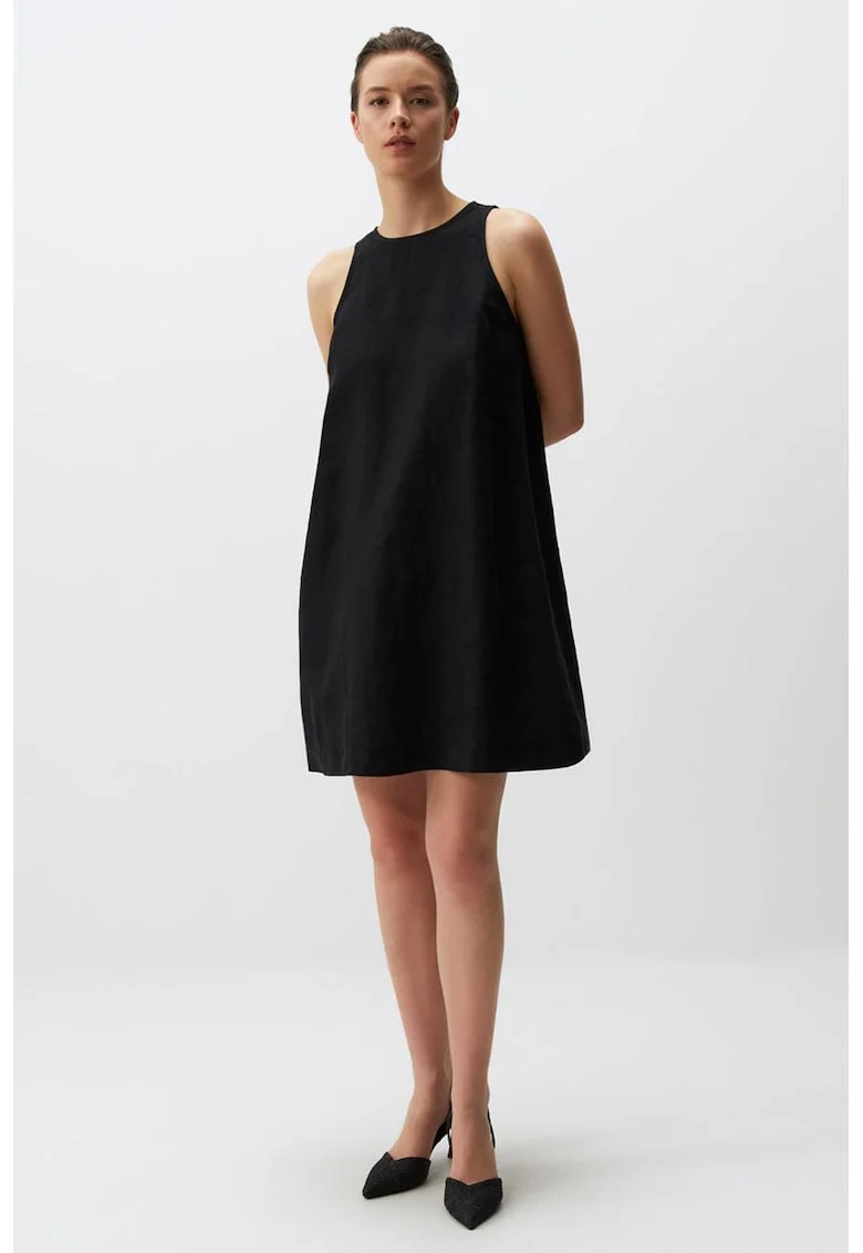 Rochie fara maneci, de in, cu model uni, Negru
