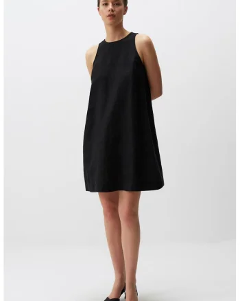 Rochie fara maneci, de in, cu model uni, Negru