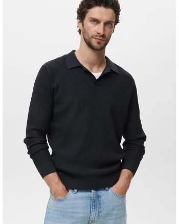 Pulover polo striat din amestec de bumbac, Albastru ultramarin