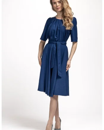 Rochie midi evazata cu cordon in talie, Albastru
